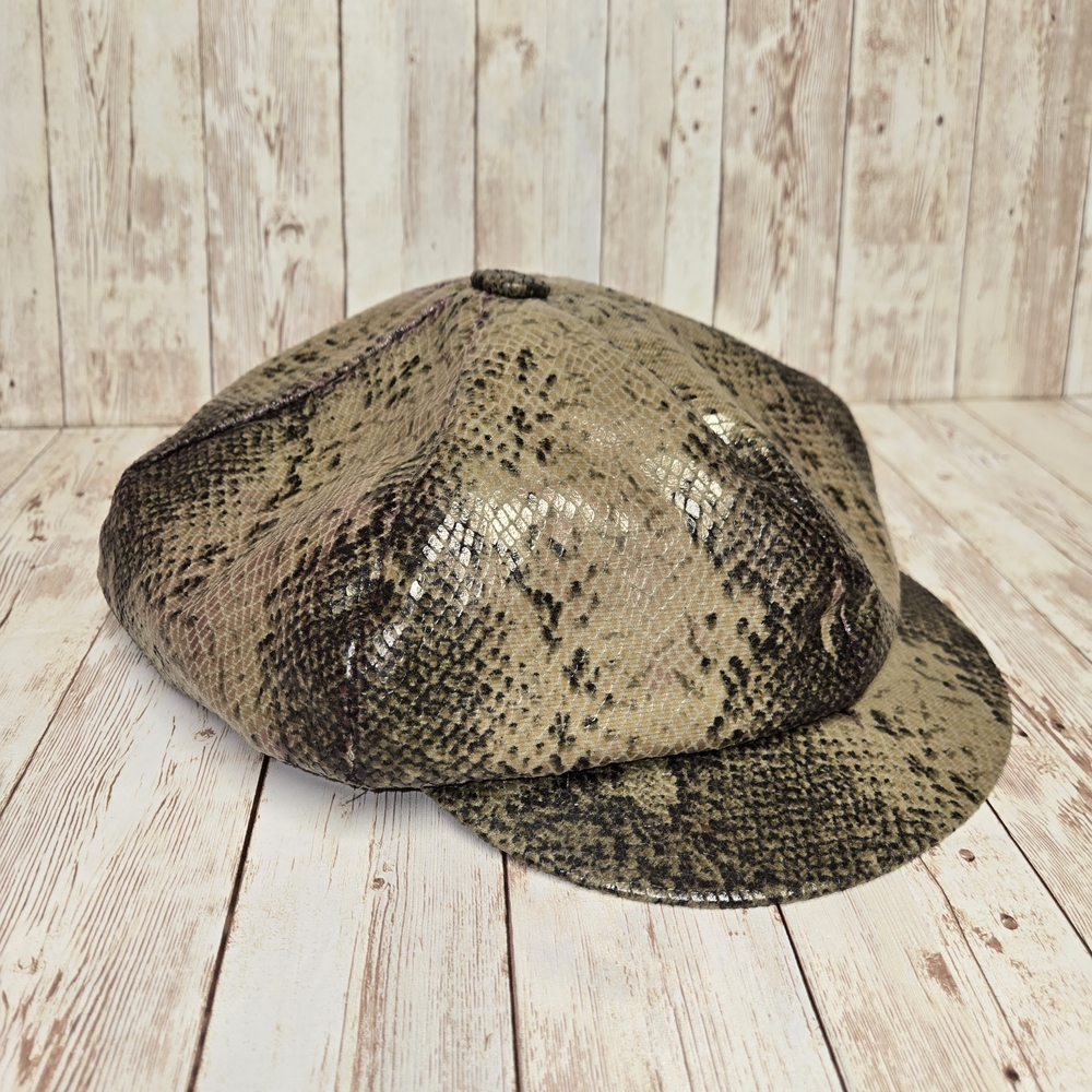 Vintage Snakeskin Print Newsboy Hat Olive Green Brown Tan Baker Boy Cap - Picture 4 of 12